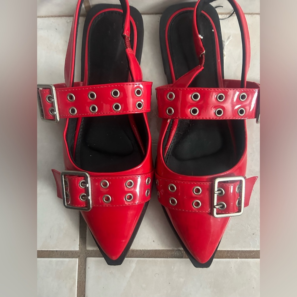 Red Patent Pointed Slingback Sandals with Dual Buckle Straps